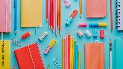 Vivid pencils and stationery organized perfectly on a soft pastel backdrop, highlighting vibrant, creative tools in a visually pleasing arrangement. photo