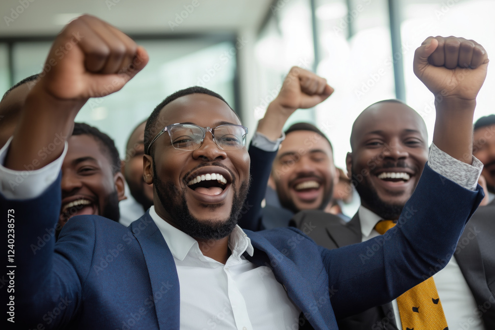 Obraz premium Businessmen cheering as they celebrate their achievements