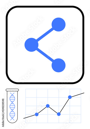 Blue interconnected nodes, test tube with DNA strand, rising line graph with plot points. Ideal for science, technology, data analytics, biology, medical research, connectivity abstract line flat