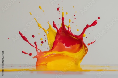 Vibrant splashes of red and yellow paint captured mid-air against a clean white background.