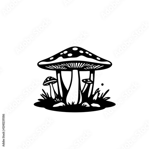 Majestic Mushrooms: A Black and White Botanical Illustration of Fungi in a Forest Setting