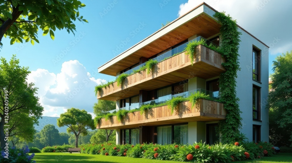 Fototapeta premium Modern Eco-Friendly Apartment Building with Lush Greenery and Wooden Accents on Balconies, Nestled in a Serene Landscape