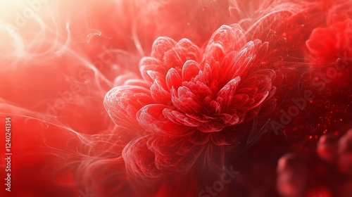 Vivid red ink swirling in water, creating dynamic and abstract smoke-like shapes.