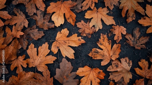 A warm, autumn-themed background with orange and brown leaves scattered across the ground.