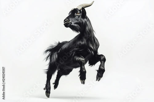 Black goat leaping on white background