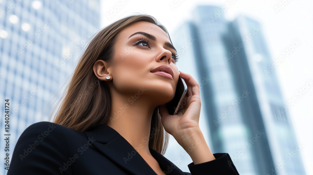 Businesswoman on phone with urban backdrop Businesswoman on phone with urban backdrop