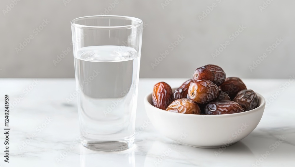 Dates and water on marble. Dates and water on marble.