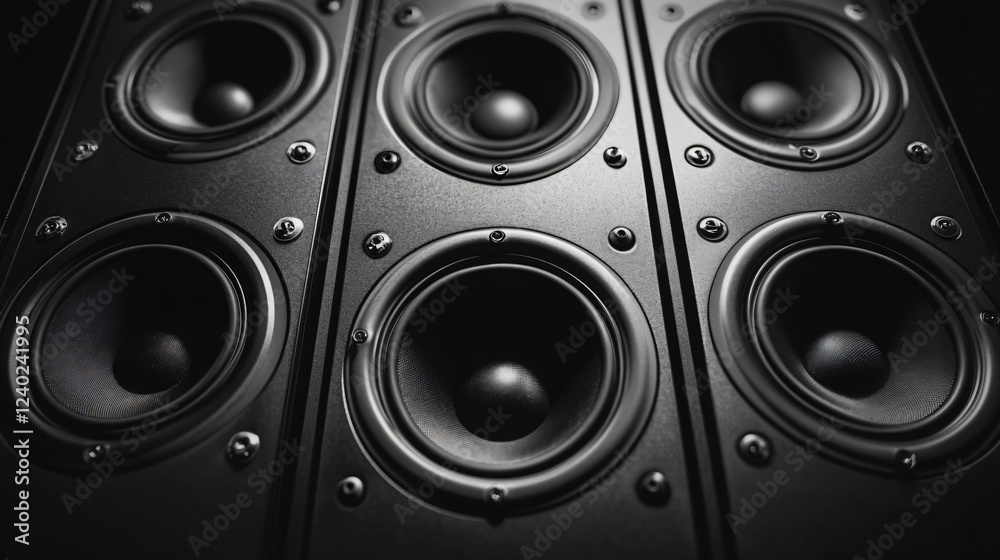 Powerful Sound System: A close-up shot of multiple high-end speakers arranged in a visually striking pattern. The deep black finish and prominent speaker cones create a sense of powerful sound. Powerful Sound System: A close-up shot of multiple high-end speakers arranged in a visually striking pattern. The deep black finish and prominent speaker cones create a sense of powerful sound.