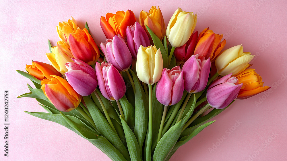 Bouquet of tulips isolated on pink background. Top view, flat lay. Happy Mother's Day, International Women's Day, Easter concept. Holiday card with tulip flowers. Bouquet of tulips isolated on pink background. Top view, flat lay. Happy Mother's Day, International Women's Day, Easter concept. Holiday card with tulip flowers.