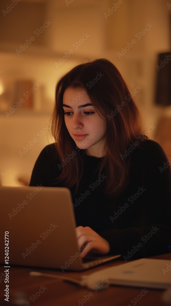 Young woman working on a laptop indoors at night Young woman working on a laptop indoors at night