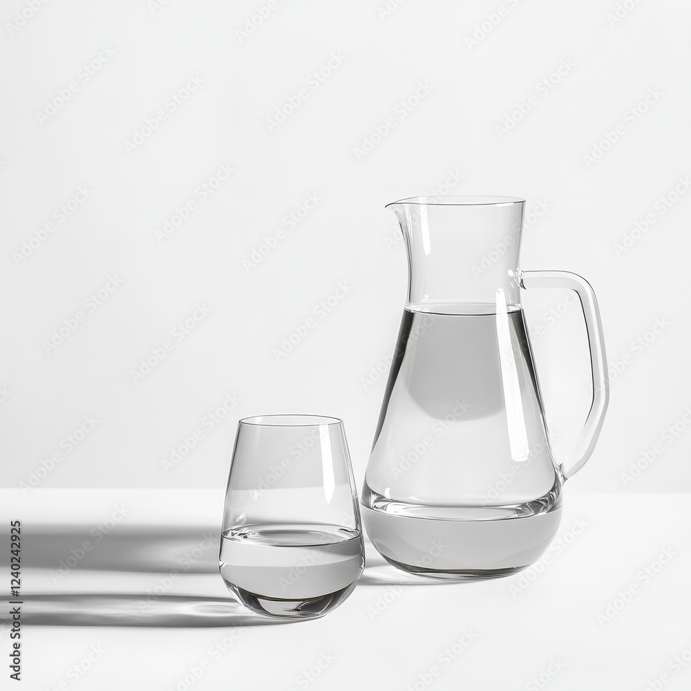 Glass pitcher and tumbler with water on white background. Glass pitcher and tumbler with water on white background.