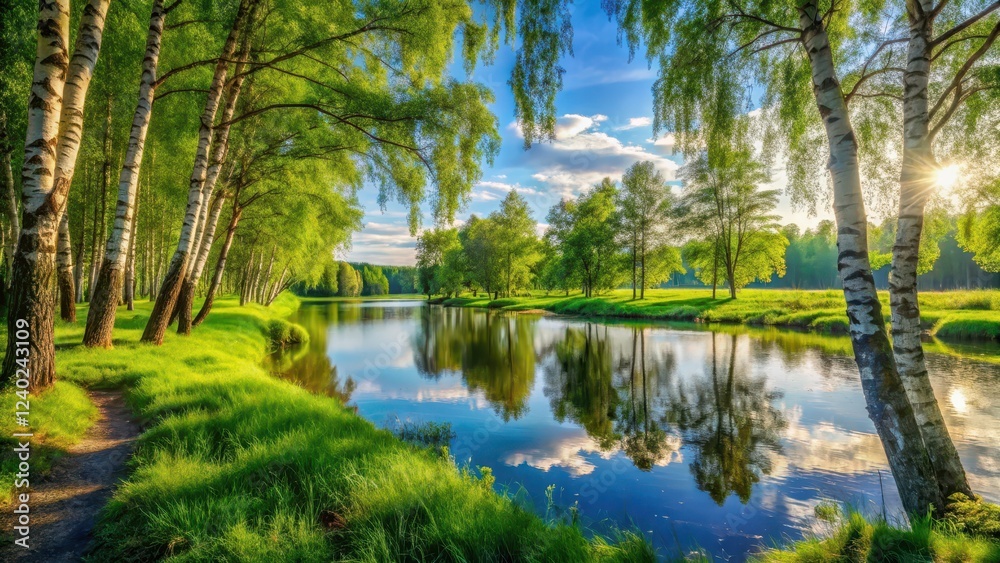 Obraz premium Serene Riverbank Path, Sunlight Dappling Through Birch Trees, Reflecting on Calm Water, Lush Green Grass