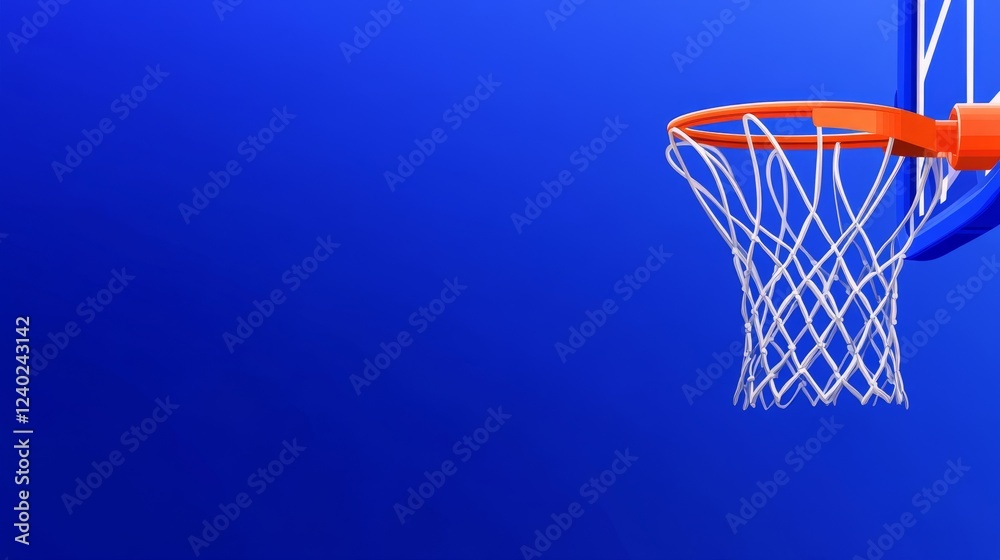 Basketball hoop against a vibrant blue background, emphasizing the sport's excitement and energy