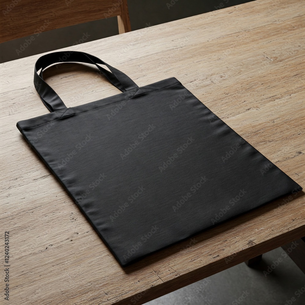 A plain black cloth tote bag lying flat on a wooden table, subtle texture, and a minimalist design. A plain black cloth tote bag lying flat on a wooden table, subtle texture, and a minimalist design.