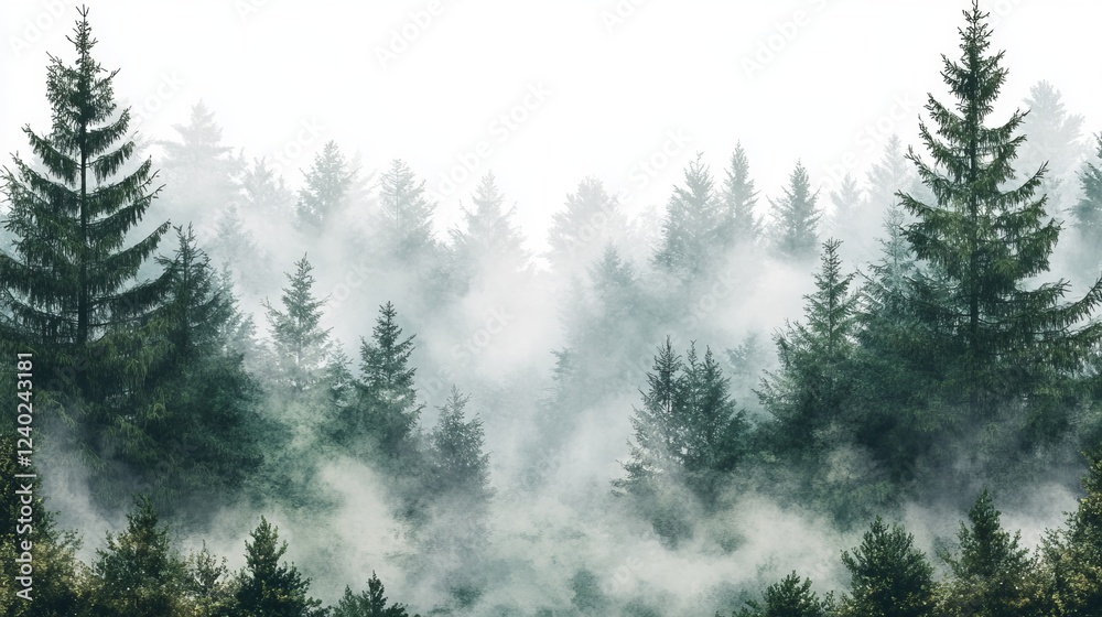 Obraz premium Enchanting Misty Forest Scene with Majestic Tall Trees Shrouded in Ethereal Fog Creating a Dreamlike Atmosphere and Invoking a Sense of Mystery and Tranquility in Nature's Embrace