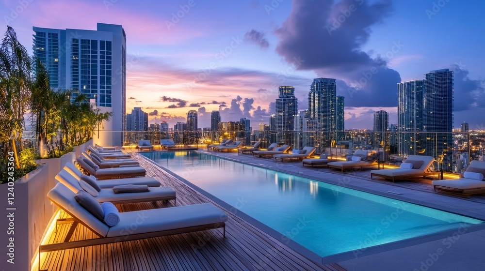 Fototapeta premium Elegant rooftop pool area with modern sunbeds, warm golden lighting, and sweeping metropolitan views, radiating luxury and exclusivity