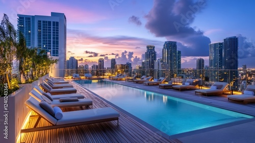Elegant rooftop pool area with modern sunbeds, warm golden lighting, and sweeping metropolitan views, radiating luxury and exclusivity