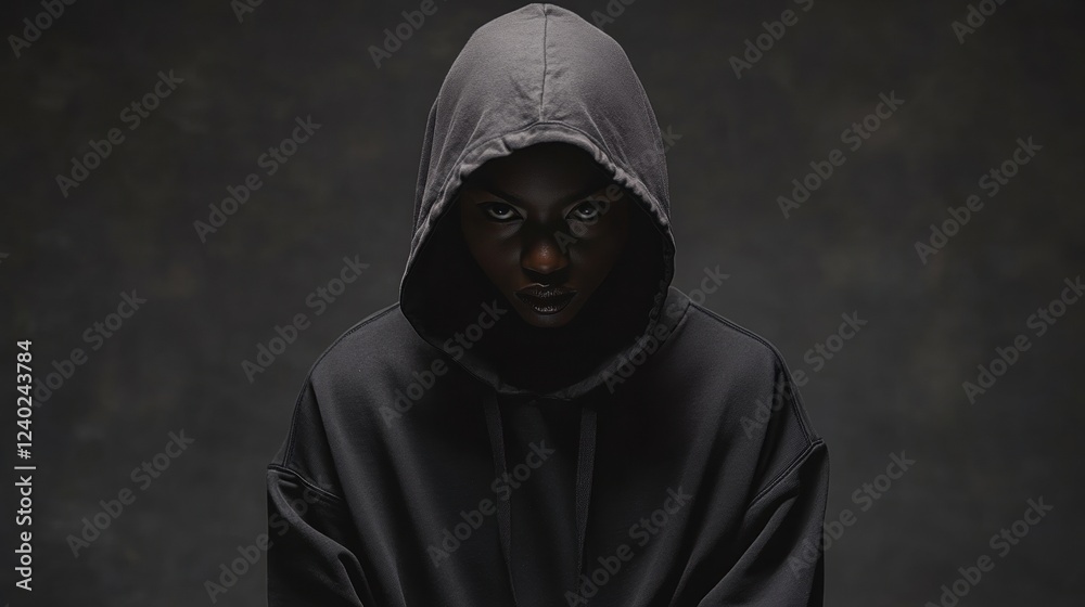 Mysterious figure in dark hoodie and shadows. Mysterious figure in dark hoodie and shadows.