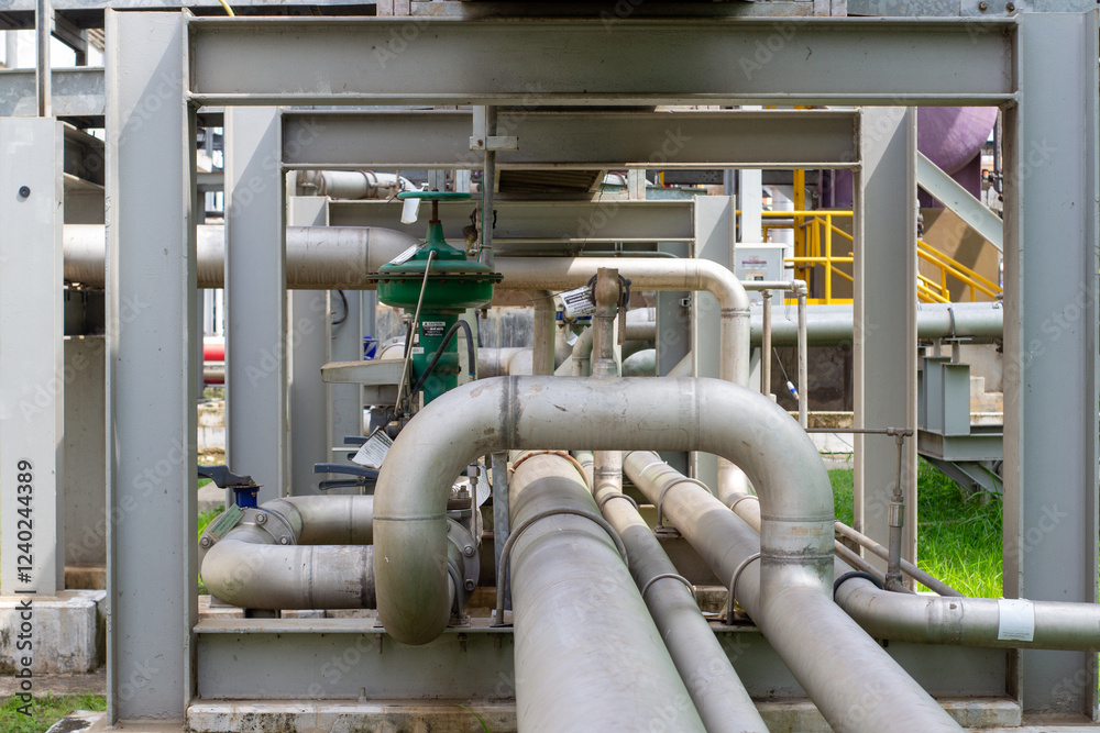 close-up of interconnected metal pipes, valves, and gauges. Outdoor setting, complex industrial piping system close-up of interconnected metal pipes, valves, and gauges. Outdoor setting, complex industrial piping system