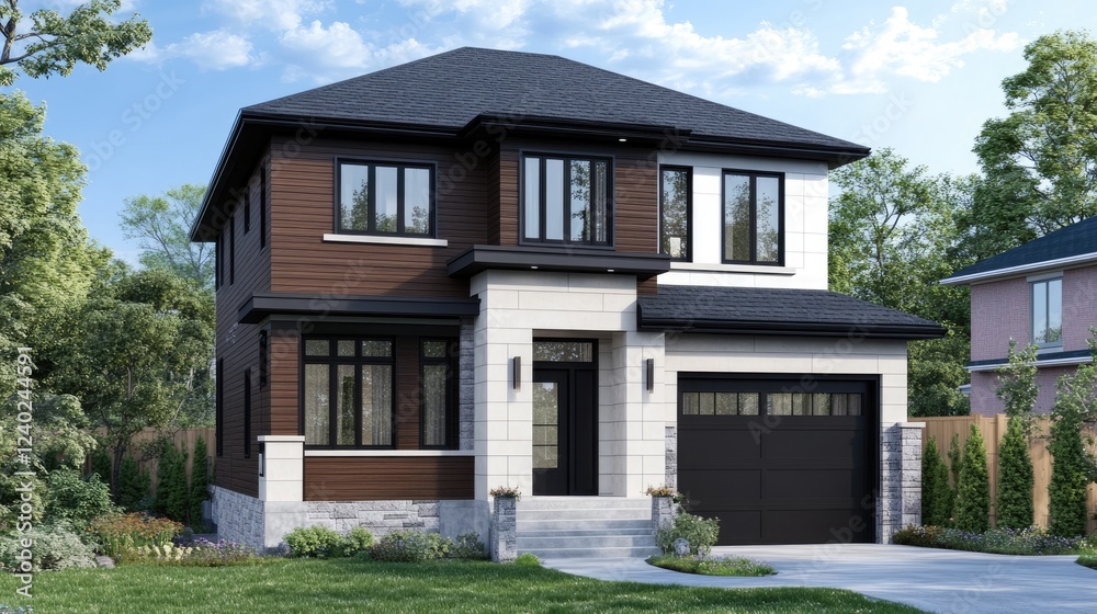 3D rendering of a two-story house with a black and white color theme. The exterior wall is made from dark brown wood and light gray concrete material, with large windows on the front facade 3D rendering of a two-story house with a black and white color theme. The exterior wall is made from dark brown wood and light gray concrete material, with large windows on the front facade