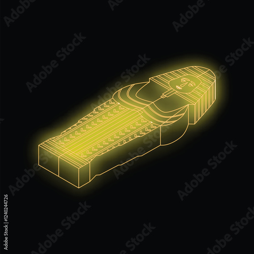 Golden wireframe drawing depicting an ancient egyptian sarcophagus on a black background