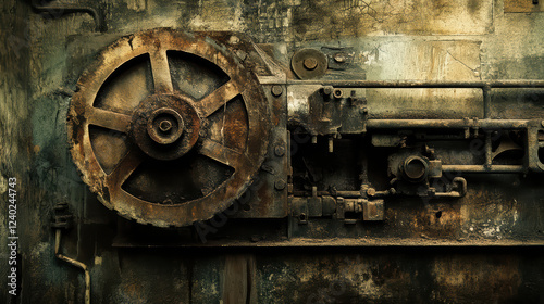 Abandoned industrial machinery with rusted gears and pipes, showcasing dark, grunge aesthetic. weathered textures evoke sense of nostalgia and decay