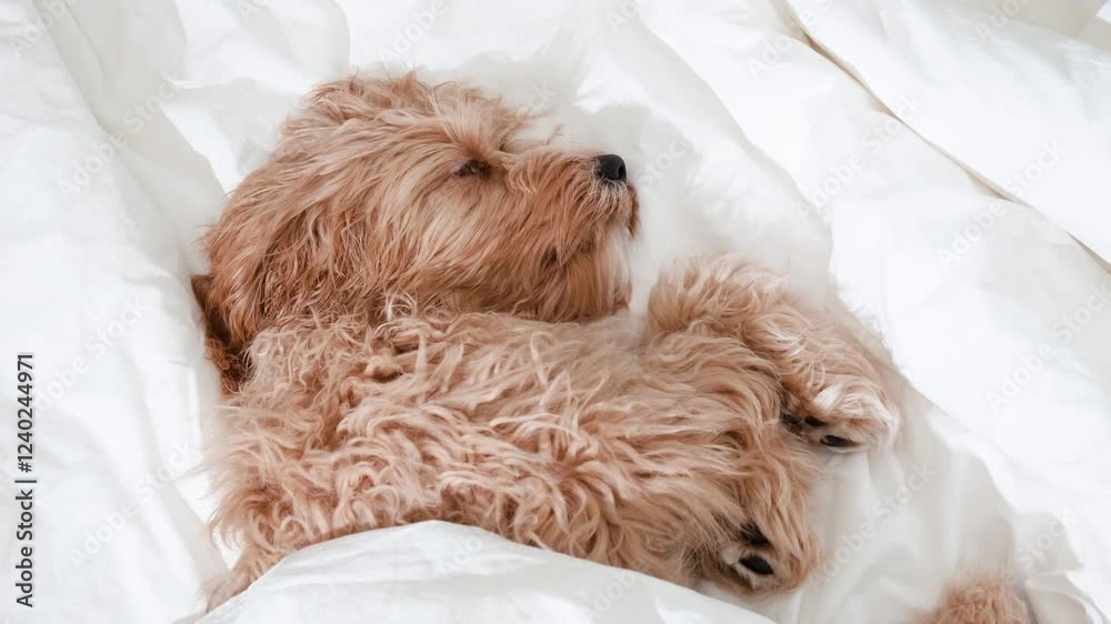 Dog of a Cavapoo or Cockapoo breed in home get sleep on the white bed. Close-up of curly brown dog cross between a poodle and a spaniel. Dog of a Cavapoo or Cockapoo breed in home get sleep on the white bed. Close-up of curly brown dog cross between a poodle and a spaniel.