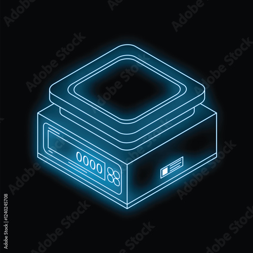 Neon glowing sign of electronic price computing scale showing zero value on black background