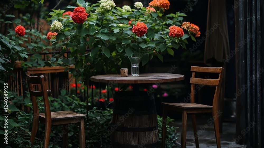 Fototapeta premium Outdoor cafe table, flowers, romantic ambiance, quiet courtyard, relaxing