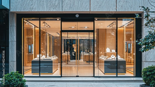 A wide shot of a stylish jewelry store entrance with sleek glass windows displaying stunning pieces.