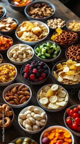 Snack assortment displayed in bowls at a gathering showcasing various flavors...