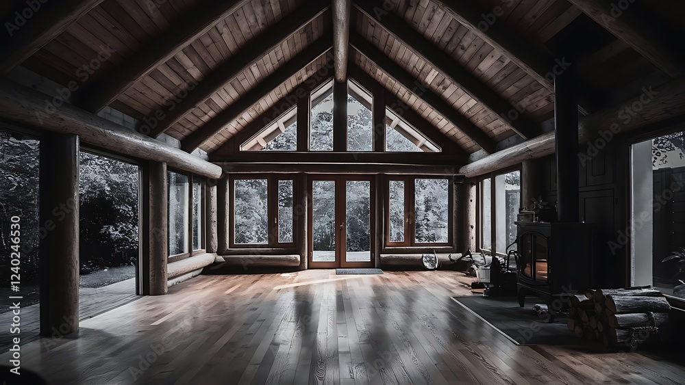 Empty interior of timber log cabin studio constructed in back garden