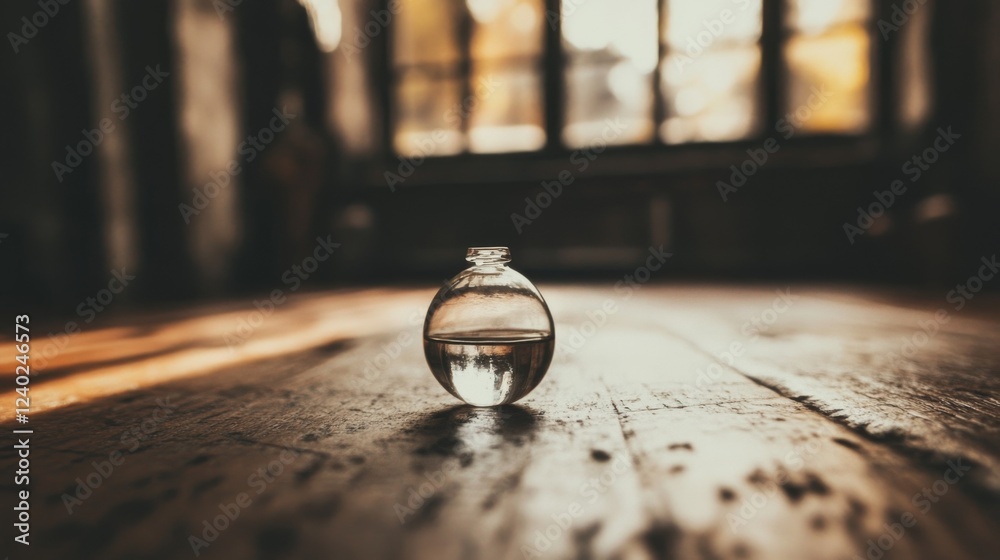 Glass sphere on wood floor, sunlit room Glass sphere on wood floor, sunlit room