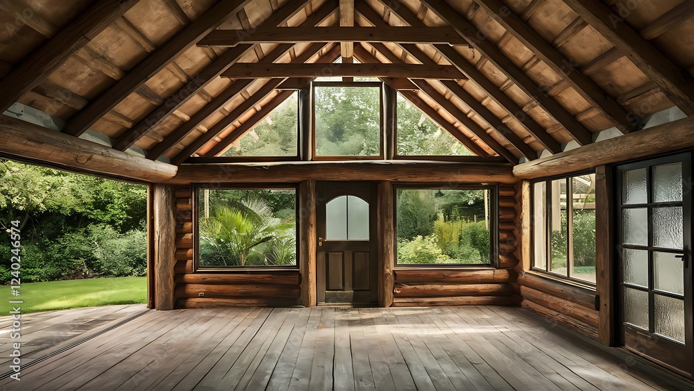 Empty interior of timber log cabin studio constructed in back garden Empty interior of timber log cabin studio constructed in back garden