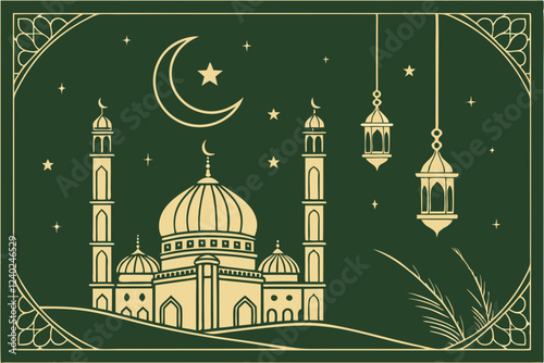 Ramadan Kareem design on green Islamic background with gold ornament star, moon, mosque, lanterns and ketupat. Suitable for raya and Ramadan template concept.