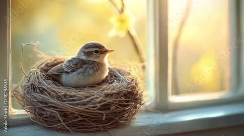 Nesting bird enjoying sunlight by the window in a cozy indoor setting