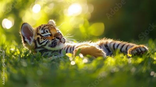 Baby tiger resting peacefully in lush green grass during a sunny afternoon