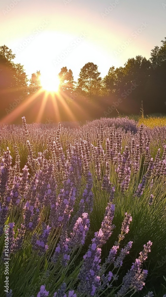 Fototapeta premium Sunlight shining through lavender fields during golden hour near a serene landscape