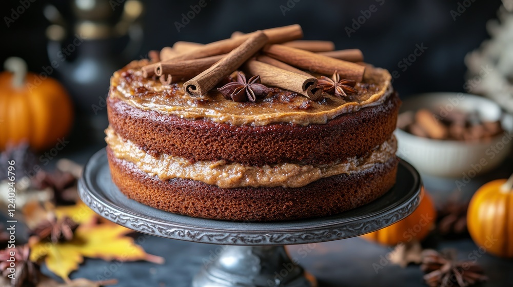 Deliciously crafted cake topped with fresh spices and orange slices on a rustic wooden table Deliciously crafted cake topped with fresh spices and orange slices on a rustic wooden table