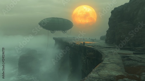 Floating structure glows at sunset near the coast in misty atmosphere
