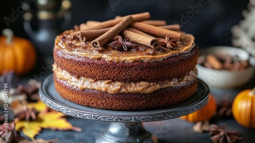 Deliciously crafted cake topped with fresh spices and orange slices on a rust...