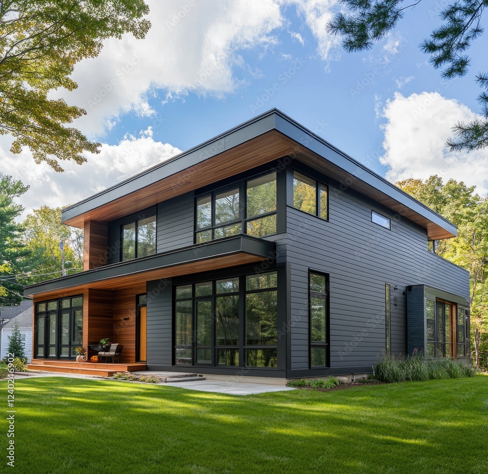 A modern home with dark gray siding and wood accents, sitting on a grassy yard A modern home with dark gray siding and wood accents, sitting on a grassy yard