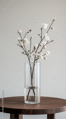 Colorful flower arrangement in a glass vase on a wooden table in a modern set...