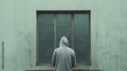 Hooded figure, window, building, pensive mood, urban backdrop