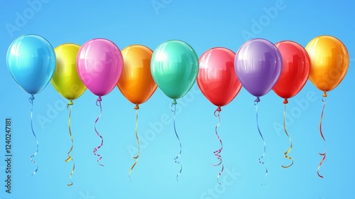 Colorful balloons floating in a bright blue sky with fluffy clouds on a sunny...