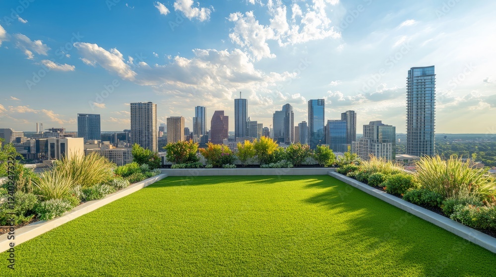 Obraz premium Luxurious rooftop green space with elegant landscaping, lush grass, and panoramic views of a modern urban skyline