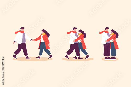 man and woman in warm winter clothes hugging each other