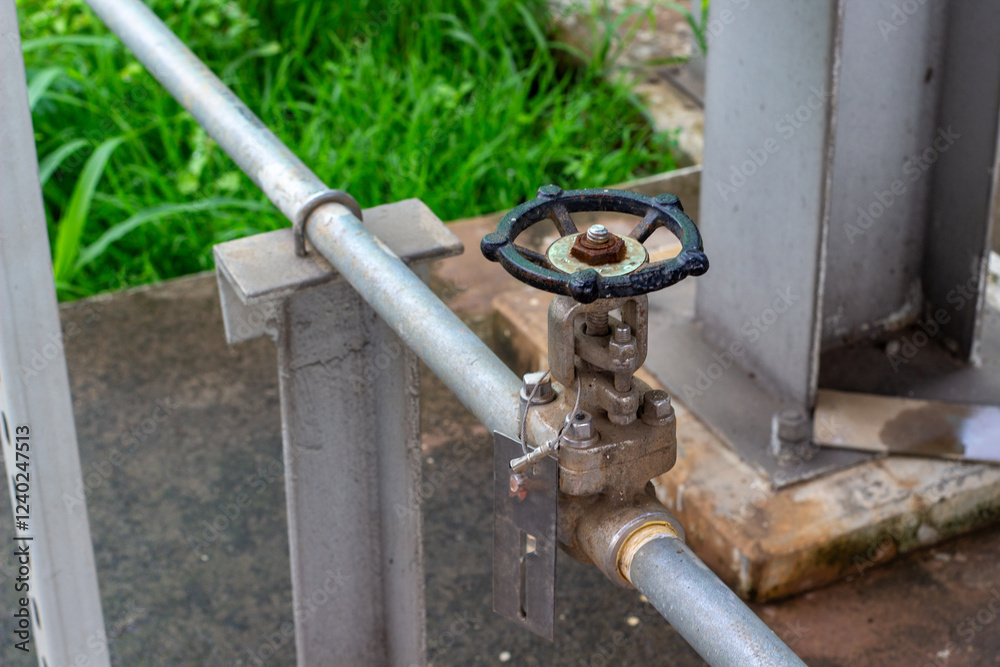 Close-up of an industrial valve on a metal pipe Close-up of an industrial valve on a metal pipe