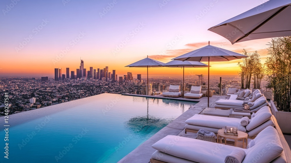 Fototapeta premium Luxurious rooftop pool with plush sun loungers, elegant umbrellas, and breathtaking city views at sunset, creating a serene and upscale atmosphere.