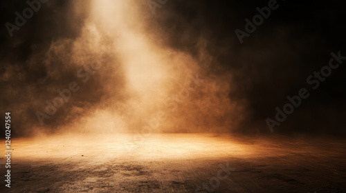 soft light illuminates eerie chamber filled with mist, creating mysterious atmosphere. wooden floor reflects warm glow, enhancing scene depth and intrigue